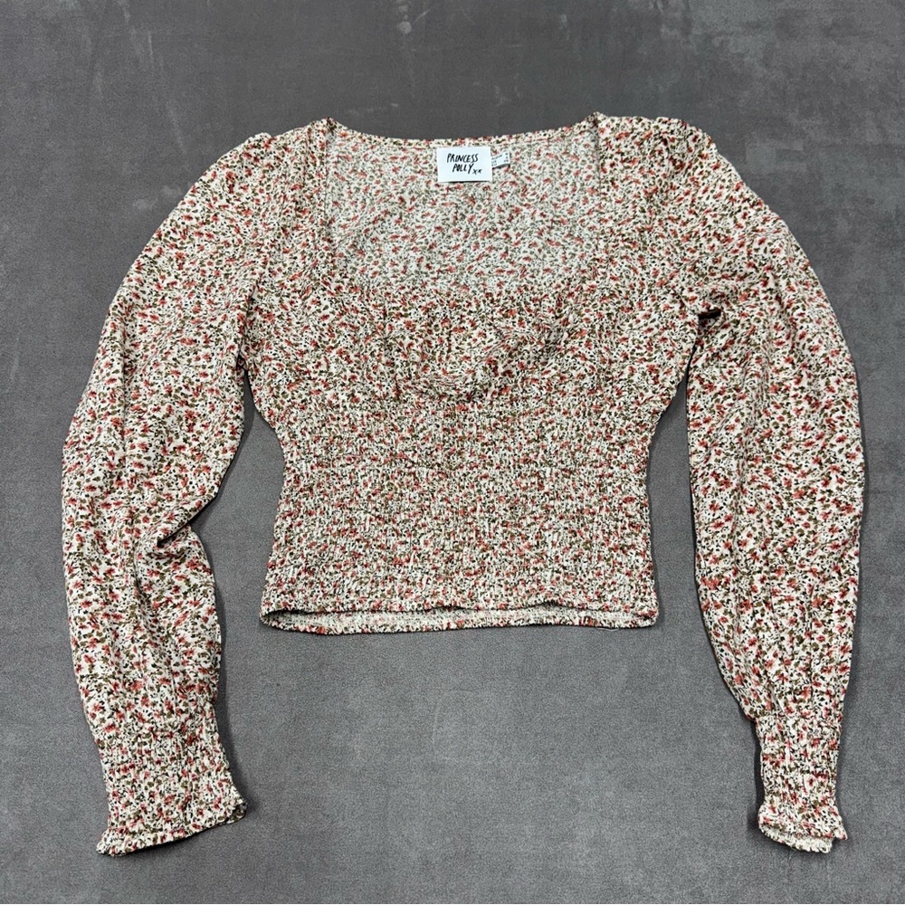 Princess Polly long sleeve Floral Print Blouse smocked waist crop top size 4